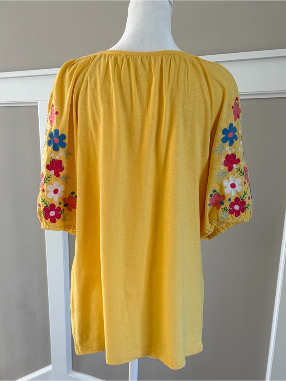 Talbots Yellow Floral Embroidered Puff-Sleeve Top. - Picture 6 of 6